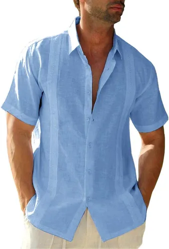 Vista 10 de Ryannology Camisas guayabera de lino de manga corta con botones para hombre, estilo casual, playa, campamento cubano, camisa mexicana para hombre