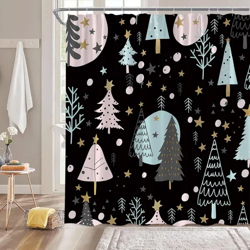 Vista 2 de GCTNBJL Cortina de ducha navideña para RV, diseño de árbol de pino, copo de nieve, estrella, bosque, vacaciones de invierno, naturaleza rústica