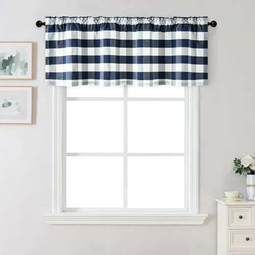 Vista 9 de VOGOL Cenefa de cuadros marrón con textura de lino para dormitorio, sala de estar, diseño de bolsillo para barra, fácil de colgar, 52 x 12 pulgadas