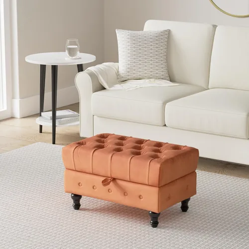 Vista 2 de Mesa de Centro Otomana de Almacenamiento Rectangular, Reposapiés Otomana de Dormitorio con Tapicería de Terciopelo Abotonado Capitoné para Sala