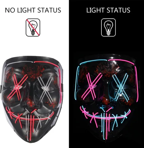 Vista 3 de Máscara LED de Purga de Halloween 2022, máscara con luz LED para hombres, máscara de disfraz brillante para mujeres, para adultos, niños, fiesta
