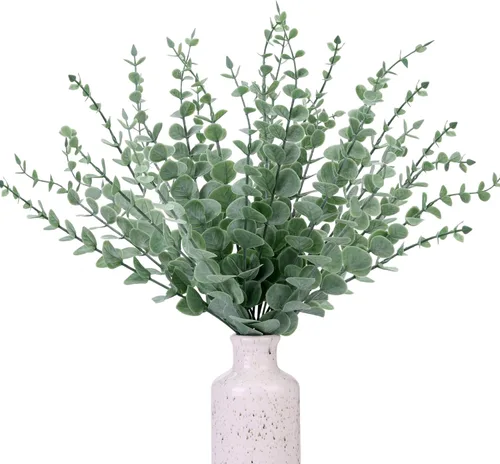 Vista 11 de CEWOR 8 piezas de tallos de eucalipto decorativas 35.8 cm hojas artificiales de eucalipto falsas ramas de vegetación verde para centro de mesa