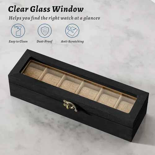 Vista 6 de SRIWATANA Caja de reloj organizadora de 6 ranuras para hombres y mujeres, exhibición de madera con tapa de vidrio, regalos para seres queridos