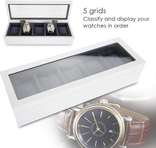 Vista 4 de Vitrina de reloj blanca, organizador de caja de reloj para hombres, vitrina de caja de reloj, caja de almacenamiento de vidrio con 5 ranuras