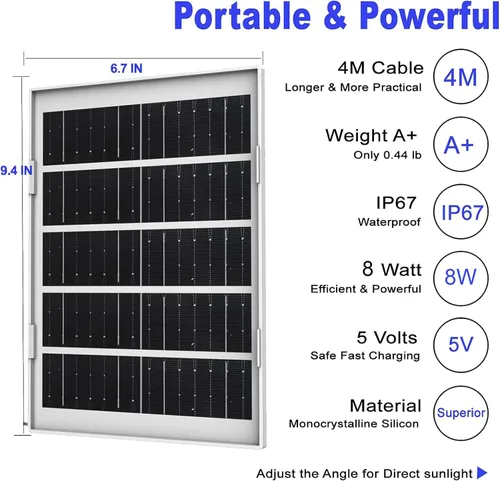 Vista 3 de Cargador de panel solar de 8 W para cámaras de seguridad al aire libre, con Micro USB/USB-C y puerto DC (35 x 135), se ajusta a