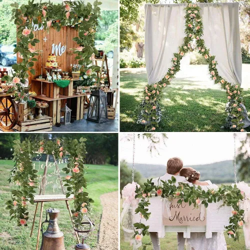 Vista 7 de Guirnalda de vid de rosas falsas de 16 pies, plantas artificiales para colgar, hiedra rosa, hogar, hotel, oficina, boda, fiesta, decoración