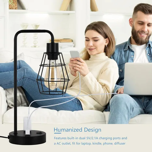Vista 5 de BTY Juego de 2 lámparas de mesa USB Edison con puertos de carga USB duales y 2 clavijas de salida de CA, jaula de alambre de metal, lámpara de mesa