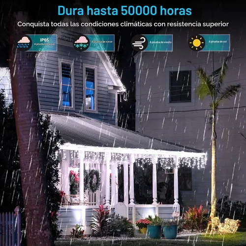 Vista 3 de 612 luces LED de Navidad de 60 pies con 136 gotas, 12 modos regulables, luces colgantes blancas frías al aire libre con memoria de temporizador