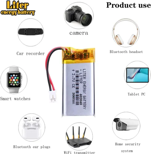 Vista 4 de Liter 3.7V 300mAh 402040 Lipo Batería recargable de iones de polímero de litio con conector JST 0.079 in