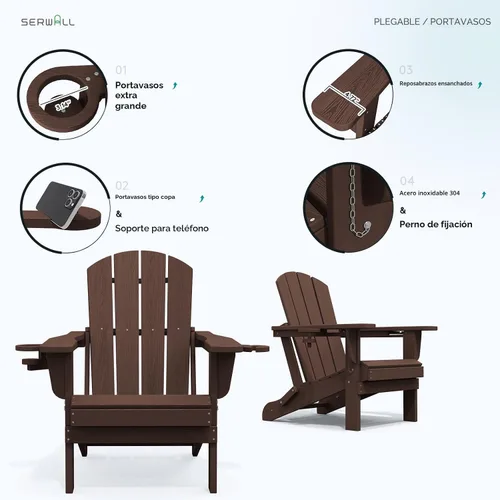 Vista 5 de SERWALL Silla Adirondack con portavasos, sillas Adirondack compuestas de polietileno de alta densidad para exteriores, para todo tipo de clima Café