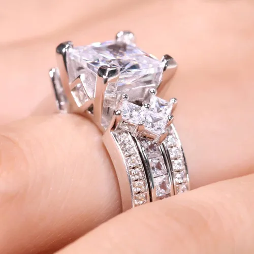 Vista 8 de Jeulia - Juego de anillos de novia de 4.1 quilates para mujer, anillos de compromiso de corte princesa, anillos intercambiables de boda de plata