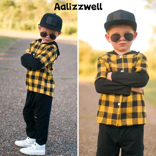 Vista 3 de Aalizzwell Conjunto de sudadera con capucha a cuadros para niños pequeños