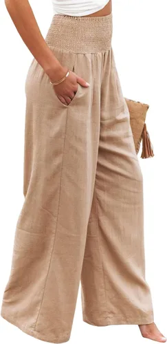 Vista 2 de GLIENST Pantalones palazzo casuales de pierna ancha para mujer, de cintura alta, fruncidos, con bolsillos, tallas S-XXL