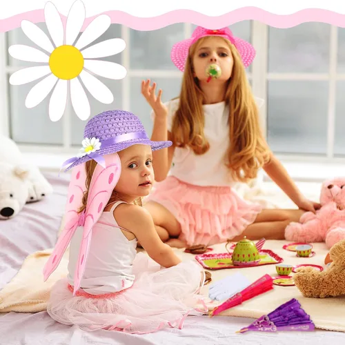 Vista 7 de Juego de 10 piezas de fiesta de té para niñas, incluye sombreros de fiesta de té, gorros, guantes de abanico, monedero rosa, boas de plumas