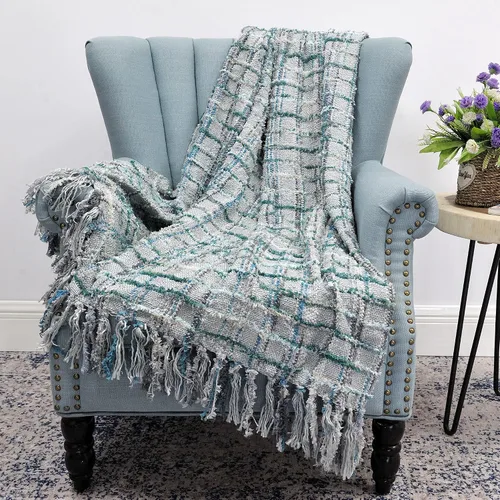 Vista 9 de Manta de punto de felpilla multicolor, suave, acogedora, esponjosa, reversible, bohemia a cuadros con borlas para sofá, silla, cama, sala de estar