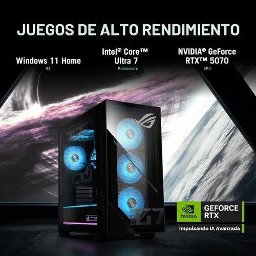 Vista 2 de ASUS ROG G700 (2025) PC de escritorio para juegos, procesador Intel® Core™ Ultra 7 265KF, NVIDIA® GeForce RTX™ 5070, SSD M.2 NVMe™ PCIe® 4 de 1 TB
