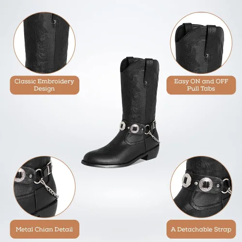 Vista 4 de Botas vaqueras para hombre, botas de tacón grueso bloqueado con correa Chonco cosidas, botas occidentales cerradas, punta redonda, botas bordadas a