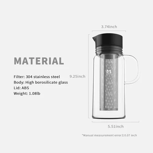 Vista 6 de Cafetera de café frío, jarra de café helado de 34 oz/1 L con filtro de acero inoxidable extraíble, jarra de cerveza fría de vidrio para café helado
