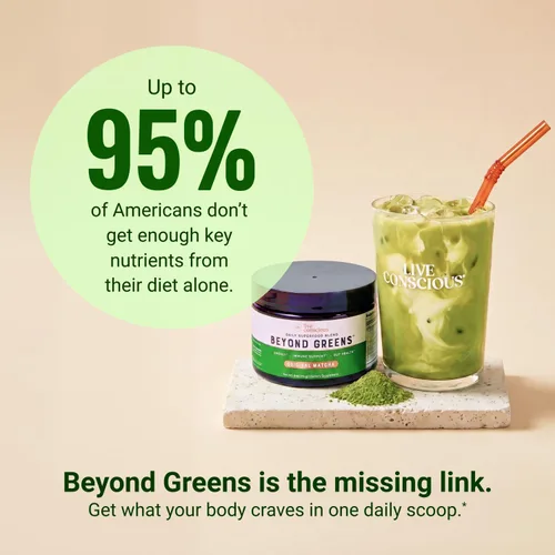 Vista 4 de Live Conscious Beyond Greens Superfood Powder – Delicioso polvo deshinchante Super Greens – Mezcla de verduras Matcha con clorella, equinácea