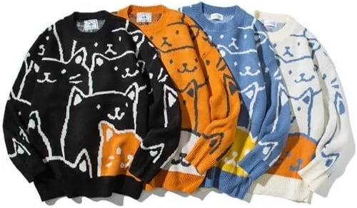 Vista 2 de Gato Gráfico Hombres Abuelo Suéter Japonés Gótico Punto Outwear Emo Alt Cuello Redondo Ropa Linda Y2K Tops de Manga Larga