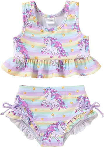 Vista 31 de YOUNGER TREE Traje de baño de verano para niñas pequeñas, sin mangas, traje de baño a rayas, traje de dos piezas, bikini