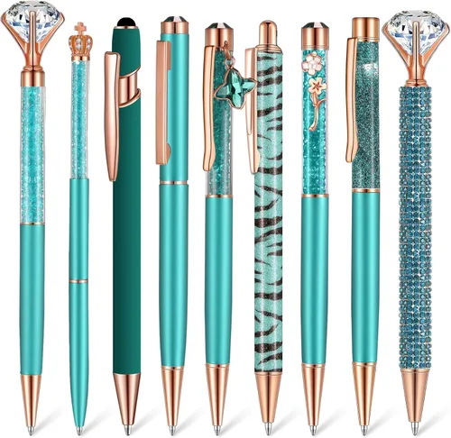 Vista 20 de Janmini Juego de 9 bolígrafos de punta de bola de metal con diamantes de cristal y purpurina para diario, tinta negra, cosas bonitas y lindas