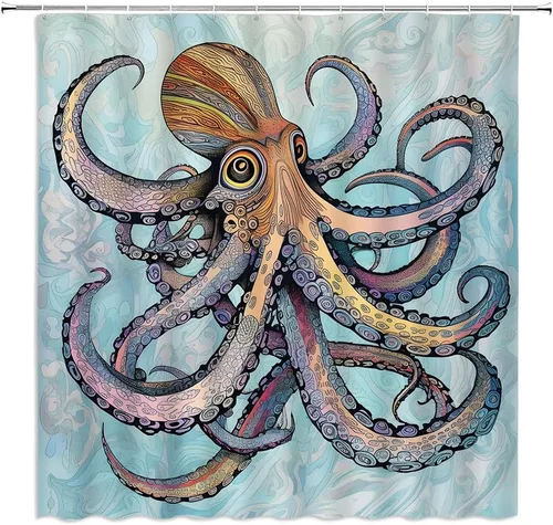 Vista 2 de Cortina de ducha bohemia con diseño de pulpo, diseño abstracto de Kraken con diseño floral bohemio, océano, gigante, vida marina, tentáculo, cortina