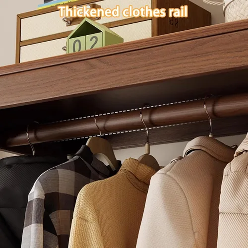 Vista 4 de Perchero de madera maciza, perchero móvil de 360°, perchero de gran capacidad con 4 cajones y un zapatero, perchero para entrada, dormitorio Natural