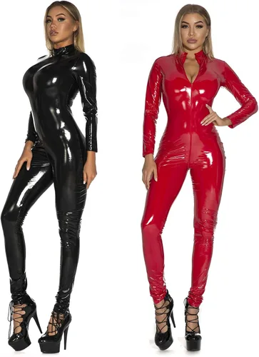 Vista 5 de FEOYA Traje de látex para mujer, de charol metálico, para fiesta, club, ajustado, elástico, de PVC, tallas XS-3XL