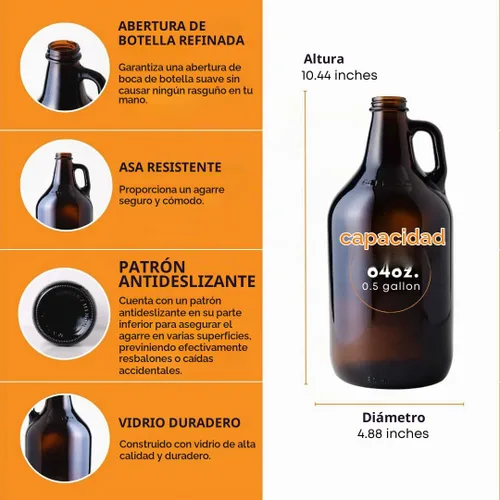 Vista 3 de FastRack Jarras de vidrio ámbar de 64 oz con tapas Polyseal (paquete de 2) Jarras de cerveza de medio galón (1/2 galón) para elaboración casera