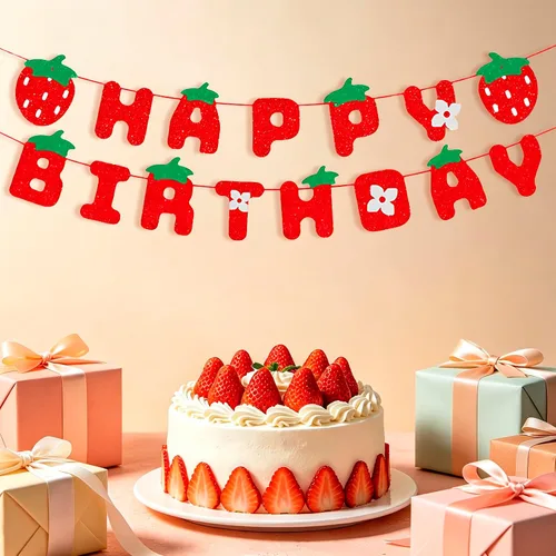 Vista 3 de MEETINGU Cartel de feliz cumpleaños de fresa, decoración de fiesta de cumpleaños de fresa con purpurina para niños y niñas, decoración de fiesta