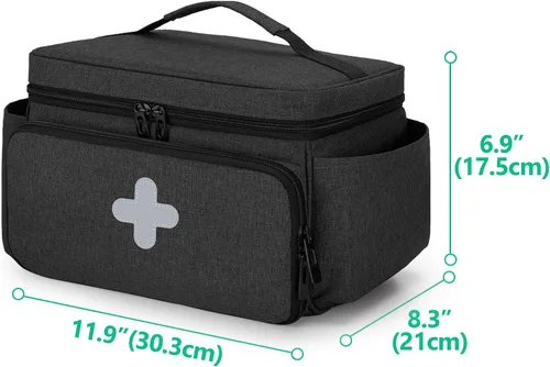 Vista 6 de CURMIO Pequeña bolsa de almacenamiento de medicamentos vacía, caja de primeros auxilios familiar, organizador de botellas de píldoras para Negro
