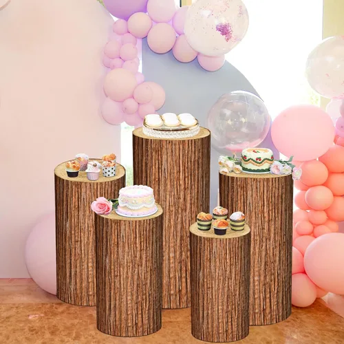 Vista 6 de FairySandy Juego de 5 fundas de soporte de cilindro con textura de madera, cubierta de pedestal de elastano para fiestas, bodas, baby shower