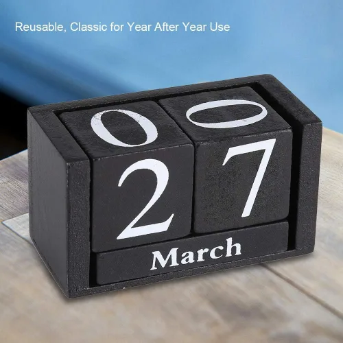 Vista 5 de Calendario de madera de escritorio, calendarios vintage de escritorio con fecha perpetua, concepto de tiempo, cubos de madera rústica, calendario