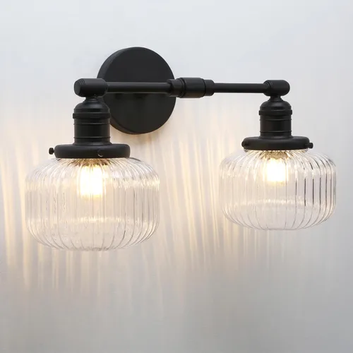 Vista 10 de 2 luces de pared industriales de vidrio, lámpara de pared de latón antiguo con pantalla de globo rayado transparente para tocador de baño
