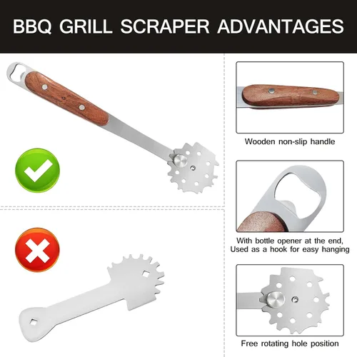 Vista 3 de 1 raspador de parrilla de acero inoxidable para barbacoa, mango de madera, limpiador de rejilla de parrilla de metal, cabezal de cepillo ajustable