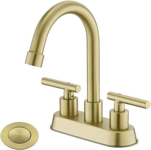 Vista 11 de llave de baño, grifo de fregadero de 2 manijas dorado, grifos de baño dorados, llave de fregadero central de 4 pulgadas con drenaje emergente
