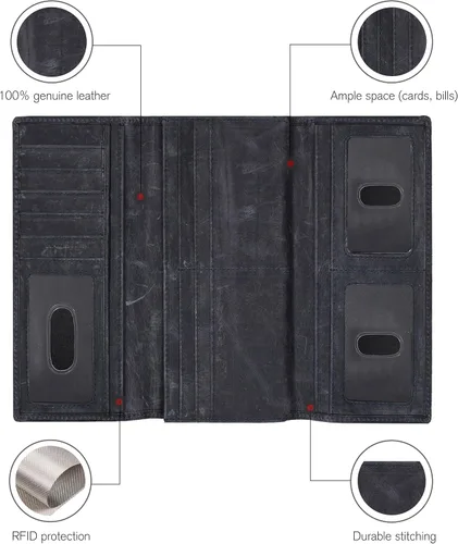 Vista 3 de Cartera de piel auténtica para mujer con bloqueo RFID, tarjetero triple para mujer, con ventana de identificación