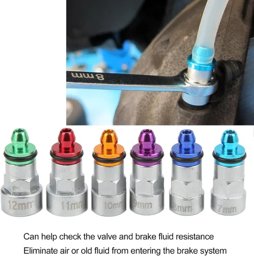 Vista 5 de Kit de llave de purga de frenos con 6 adaptadores, goma metálica, universal para automóvil, SUV, camión ligero, motocicleta, 0.27-0.47 pulgadas