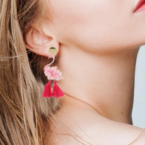 Vista 7 de Holibanna 1 par de aretes de flamenco Luau Party Pendientes de flamenco Pendientes de gota de flamenco Aretes de pájaro flamenco para mujer, aretes