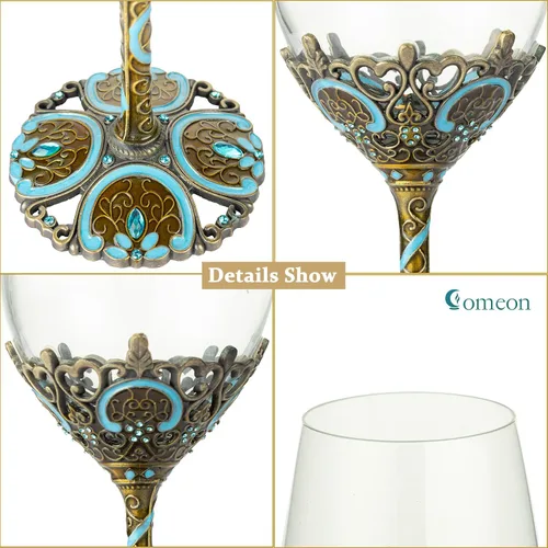 Vista 2 de Copas de vino transparentes hechas a mano, copas de vino tinto, juego de 2 Copas florales esmaltadas en azul, diseño artesanal, juego de 2