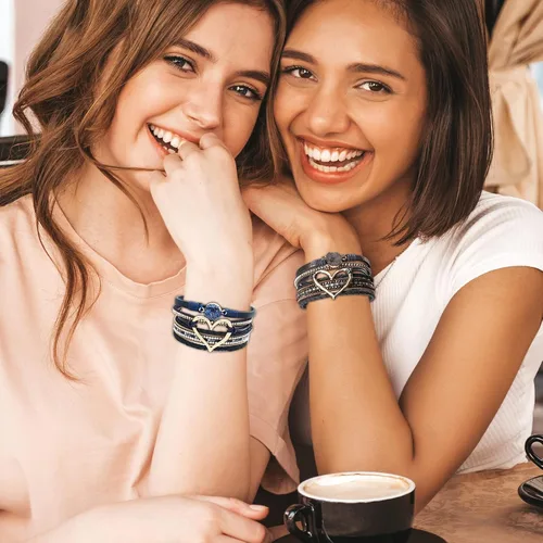 Vista 7 de Long tiantian Pulseras para mujer, pulseras bohemias modernas con corazón, joyería con cierre de puño, multicapa, pulseras de cuero para mujer