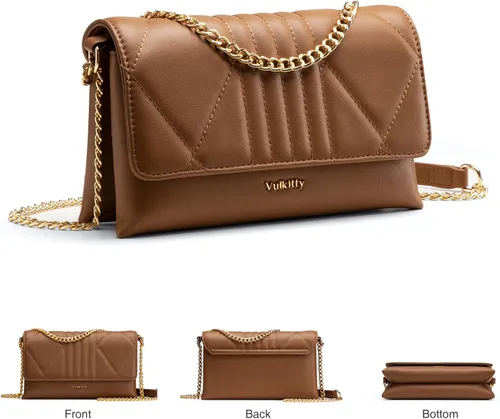 Vista 2 de Vulkitty Bolso bandolera para mujer con correa de cadena ajustable, de cuero, cierre de hebilla magnética
