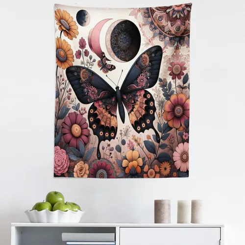 Vista 125 de Ambesonne Tapiz bohemio, diseño floral de bruja, luna y mariposa con adornos de mandala, decoración de tela para colgar en la pared para dormitorio