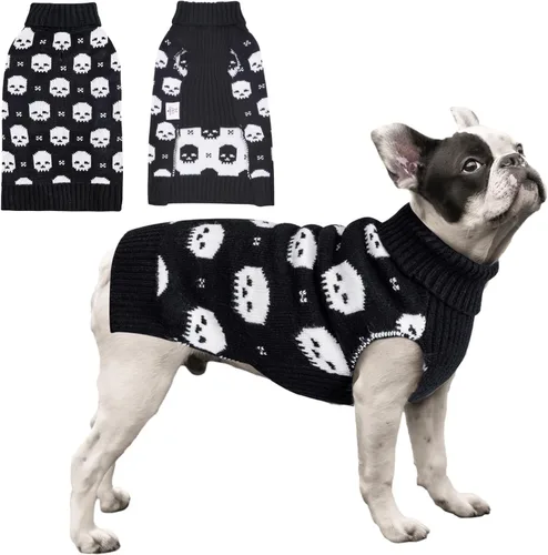 Vista 15 de CuteBone Suéter de calavera de Halloween para perros pequeños, cuello alto, ropa de invierno para mascotas, ropa de gato con agujero para arnés
