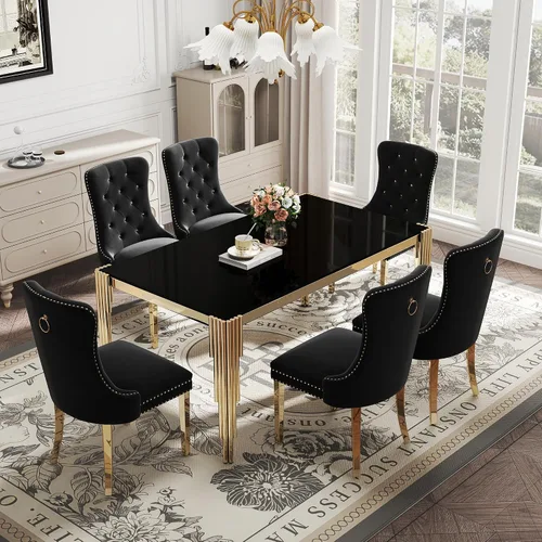 Vista 20 de Juego de mesa de comedor de cristal de 5 piezas para 4, mesa de cocina cuadrada de 37 pulgadas con 4 sillas tapizadas de terciopelo negro, mesa