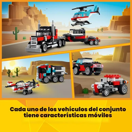 Vista 4 de LEGO Creator 3 en 1 Camión de Plataforma Plana con Juguete de Helicóptero, se Transforma de Juguete de Camión de Plataforma Plana a Avión de Hélice