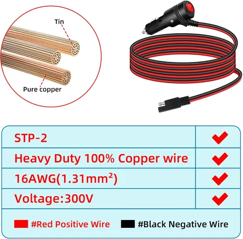 Vista 2 de GELRHONR Enchufe SAE a encendedor de cigarrillos de 6.5 pies con interruptor, 12 V 24 V macho a SAE 2 pines adaptador de liberación rápida cable