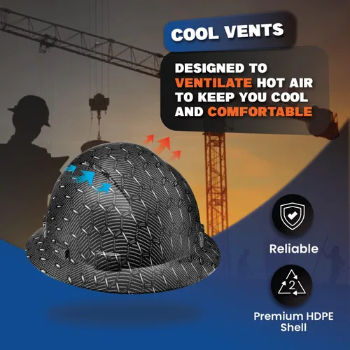 Vista 6 de Casco duro OSHA de ala completa ventilada con diseño de fibra de carbono negro con acabado mate con suspensión de 6 puntos