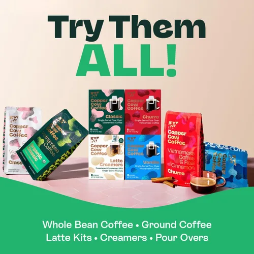 Vista 9 de Copper Cow Coffee Café vietnamita premium para verter sobre una sola porción Paquete variado de Best Brews (incluye 5 cafés), negro clásico
